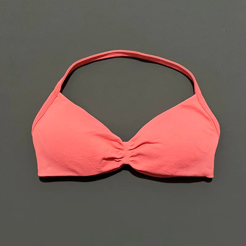 HISTELLO Impact Strappy Bra Gym Top Women High Support Thin Strap Halter Sports Seamless Bras Scrunch Push-up Workout Yoga Tanks