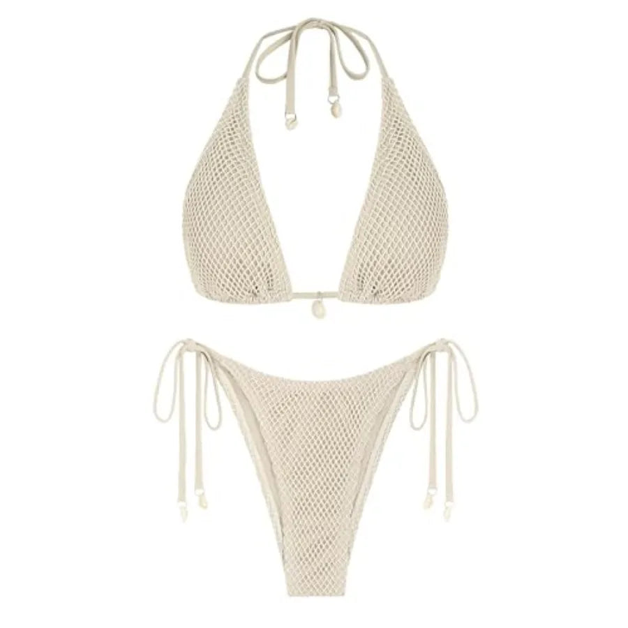 Women's Triangle Bikini Multiway Fishnet Tie Side Bandeau Halter String Bikini Set Two Pcs Swimsuit Bathing Suits