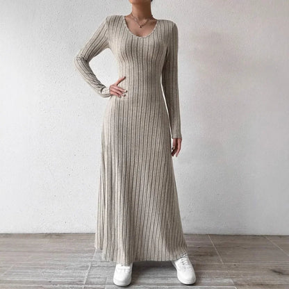 Fashionable Knitted Long Sleeve A- Line Streetwear Dress For Women Smooths And Slims Your Silhouette Solid Color Long Dress