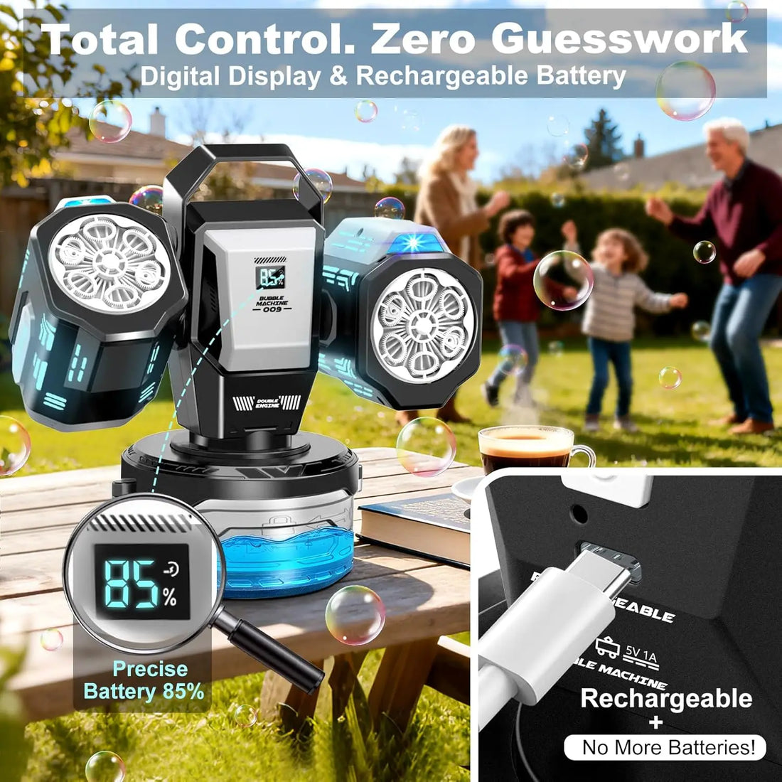 2026 Rechargeable RGB Bubble Machine, 30000 Bubbles/Min, 360° Auto Rotation, Type-C & Remote Control. Great for Weddings, Kids Parties & Outdoor Activities