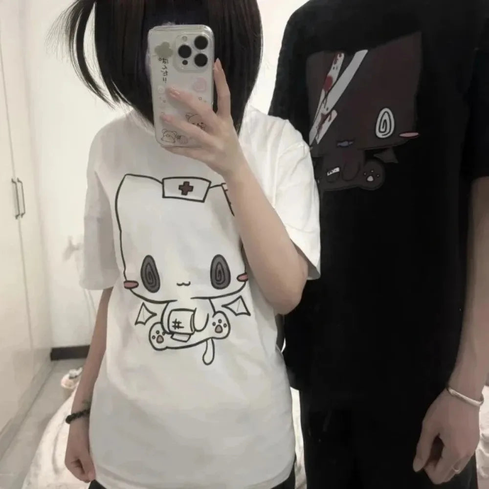 Women Men T Shirts Cartoon Printed Funny Couple Sweet Short Sleeve O Neck Loose Y2k Harajuku Tops Female Casual Tshirt