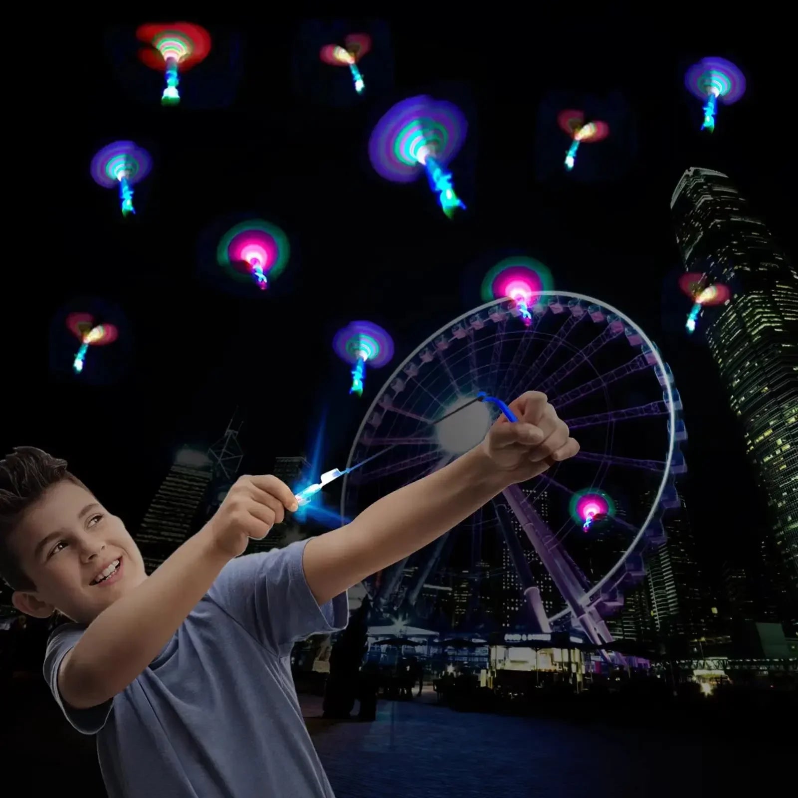 Outdoor Flash Rocket toy LED Lights Glowing Slingshot Rocket Helicopter Flying Toy Party Fun Gift Rubber Band Ejector Toys