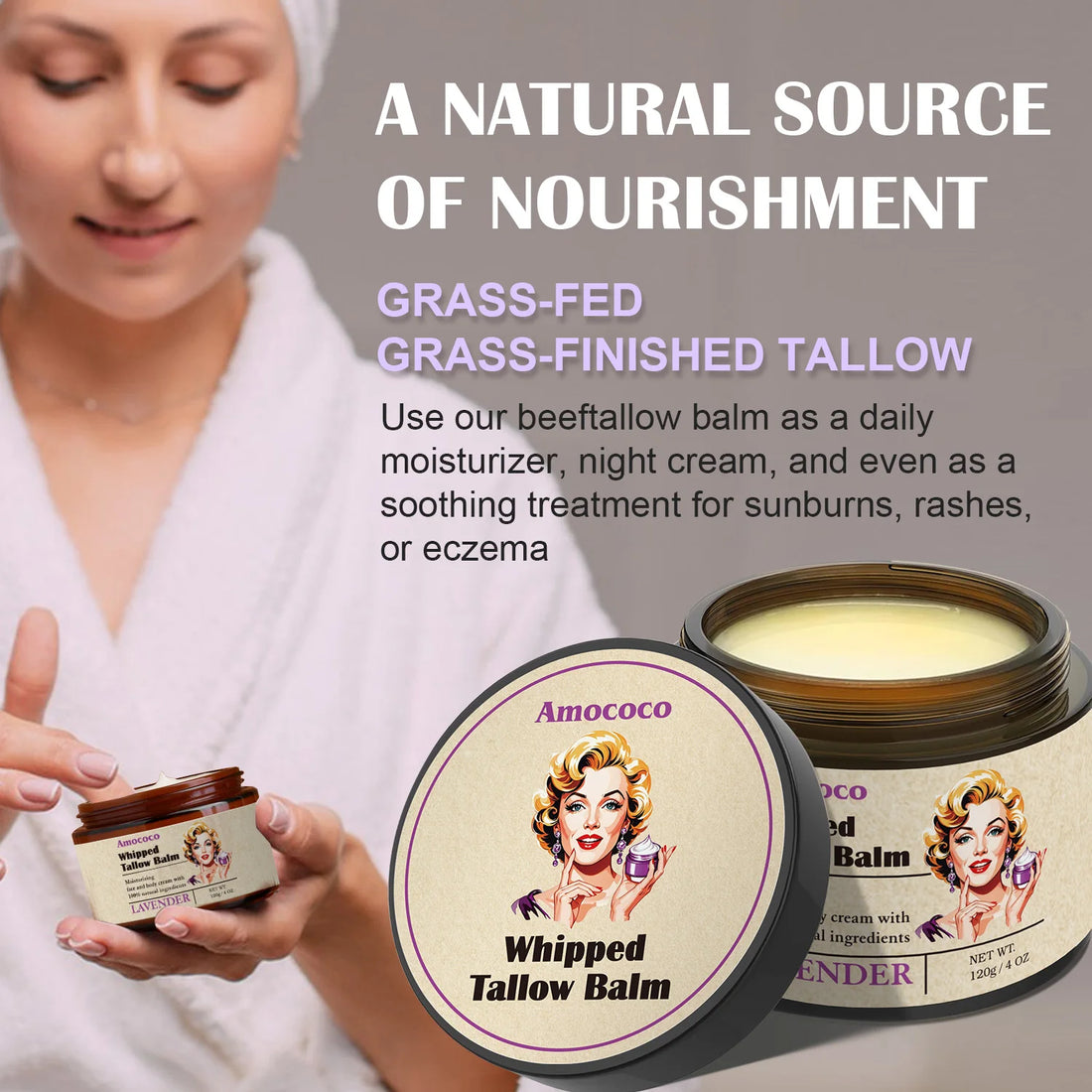 Amococo 2/3pcs Whipped Tallow Balm 120g 4oz Beef Tallow Moisturizer Cream Lavender Vanilla Scent Face Body Care Grass Fed Tallow with Olive Oil Essential Oil Nourishing Skin Moisturizing Balm