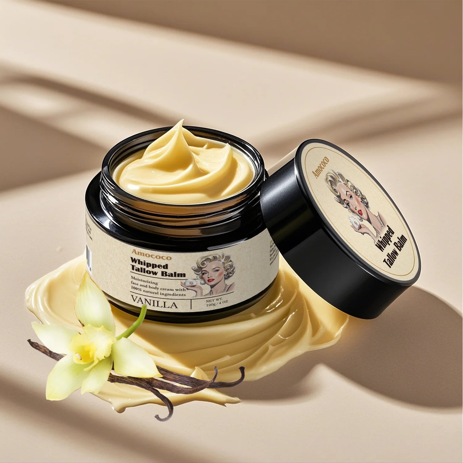 Amococo 2/3pcs Whipped Tallow Balm 120g 4oz Beef Tallow Moisturizer Cream Lavender Vanilla Scent Face Body Care Grass Fed Tallow with Olive Oil Essential Oil Nourishing Skin Moisturizing Balm