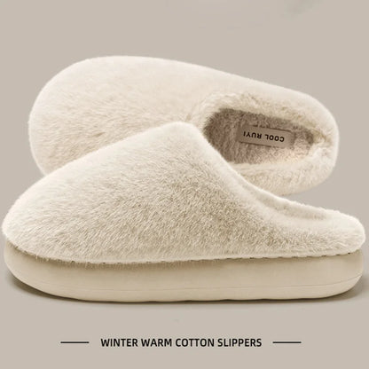 Faux Furry Warm Home Cotton Slippers Women 2025 Winter Closed Toe Platform Plush Slippers Woman Cozy Non Slip Cotton Slides Lady