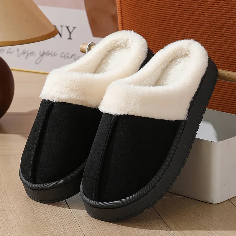 Women's plush slippers winter outdoor, thick sole non-slip fur flip flops with fur collar, warm unisex house shoes for home use
