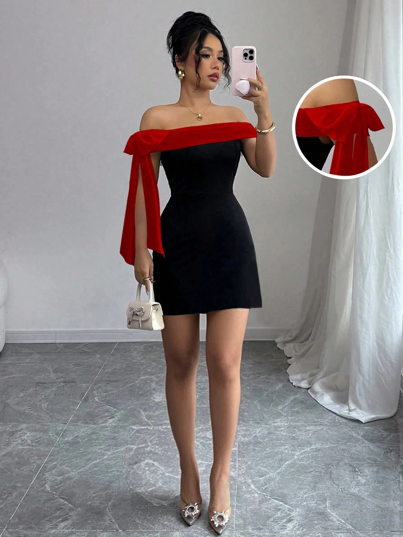 Women Off Shoulder Mini Dress Red Big Bow Spliced Bodycon Short Dresses Elegant Slim Fit Black Little Dress Night Club Party Birthday Outfits Evening Gown