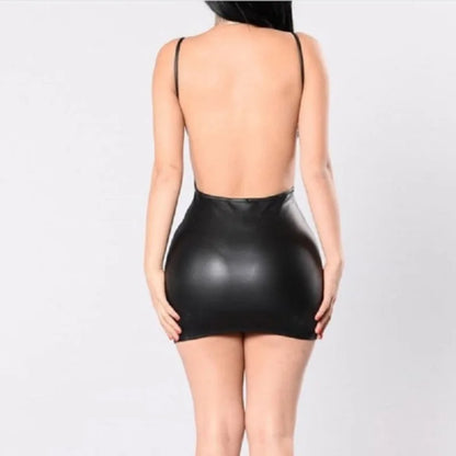 Sexy PU Leather Dress Backless Club Party Short Dress Solid Black Bodycon Push Up Mini Dress Evening Outfit Fashion Women Dress