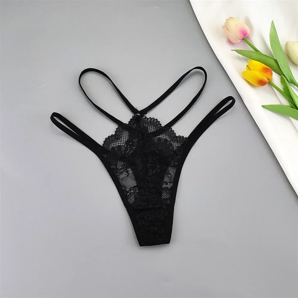 3 Pcs Lace Thin Strap Thong Women Low Waist Sexy Perspective Underwear Ladies Transparent G-string Panty Plus Size T-back