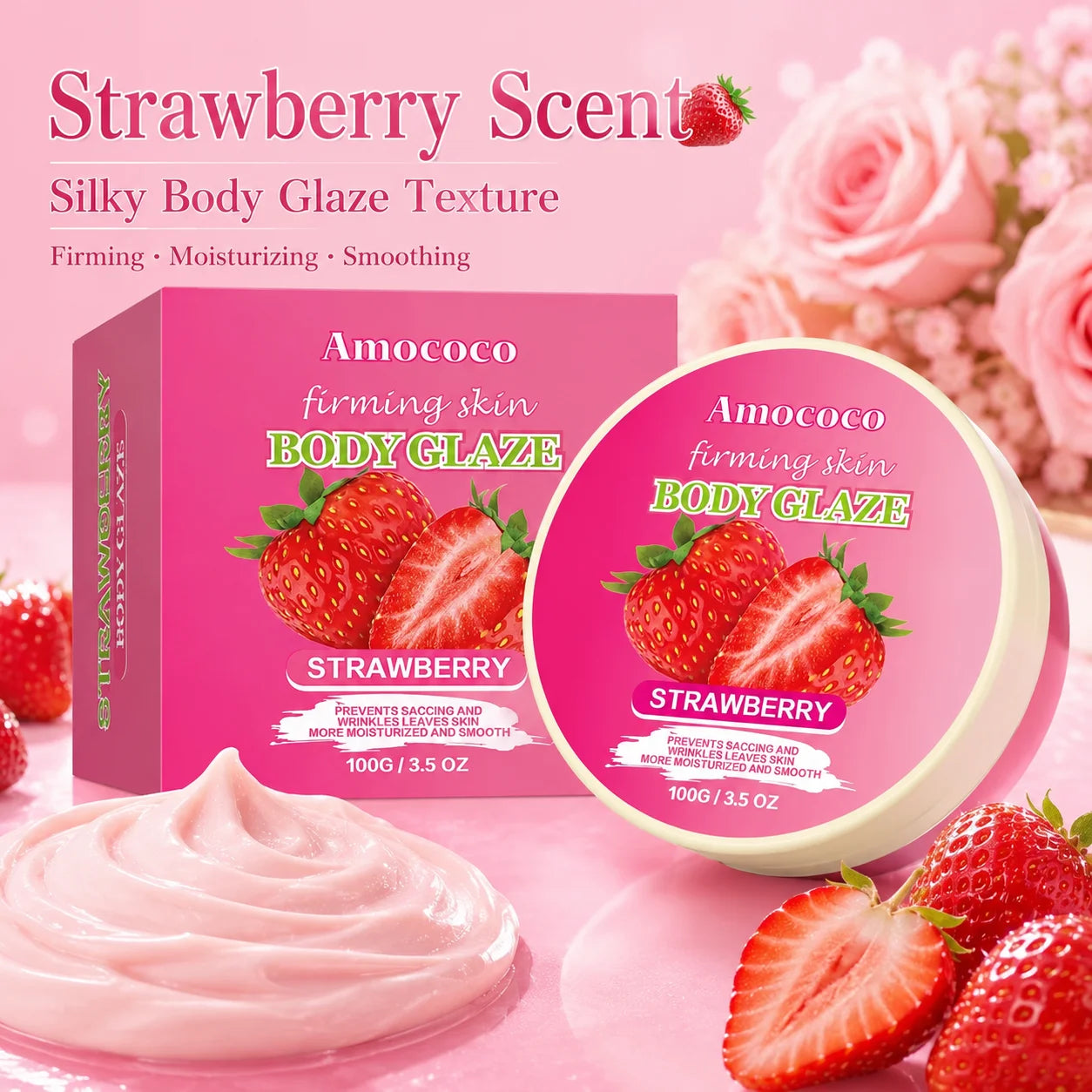 Strawberry Body Glaze Firming Skin Body Cream100g Moisturizing Body Butter  Body Lotion Smooth Fine Lines Anti Dry Rough Skin Luminous Soft  Non Greasy Strawberry Scent For All Skin Daily Skin Care