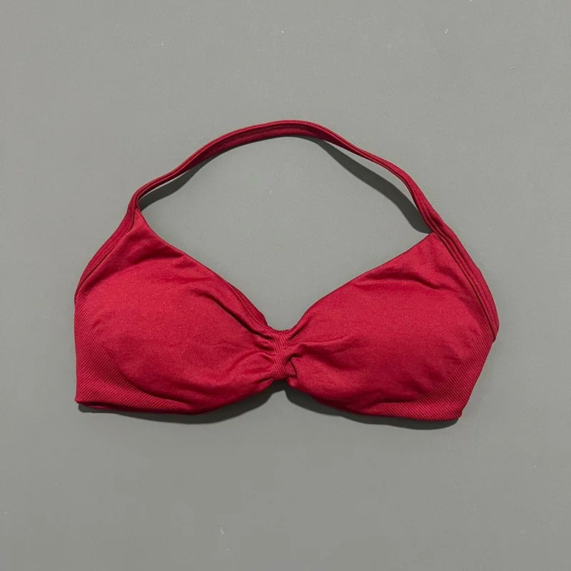 HISTELLO Impact Strappy Bra Gym Top Women High Support Thin Strap Halter Sports Seamless Bras Scrunch Push-up Workout Yoga Tanks