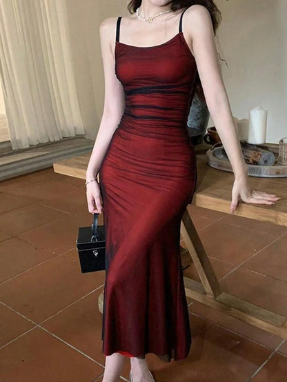 Elegant Camisole Red off Shoulder Sleeveless Pleated Skirt for Women's Slim fit Long Dress summer beach vacation party dress