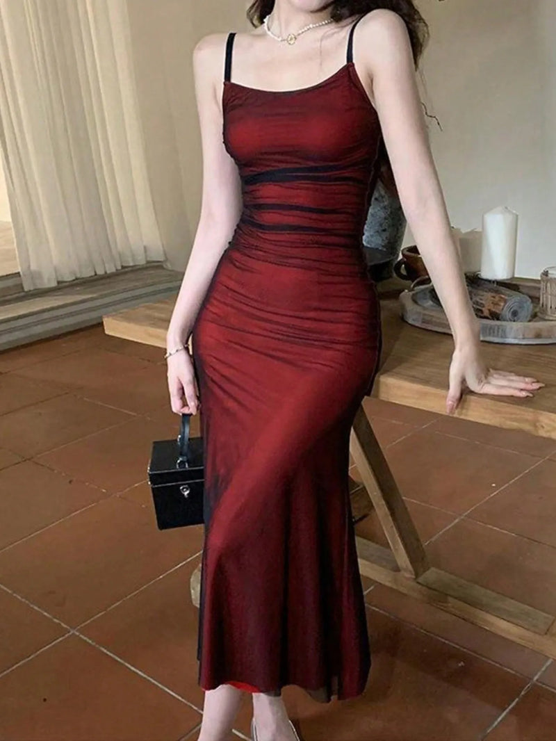 Elegant Camisole Red off Shoulder Sleeveless Pleated Skirt for Women's Slim fit Long Dress summer beach vacation party dress