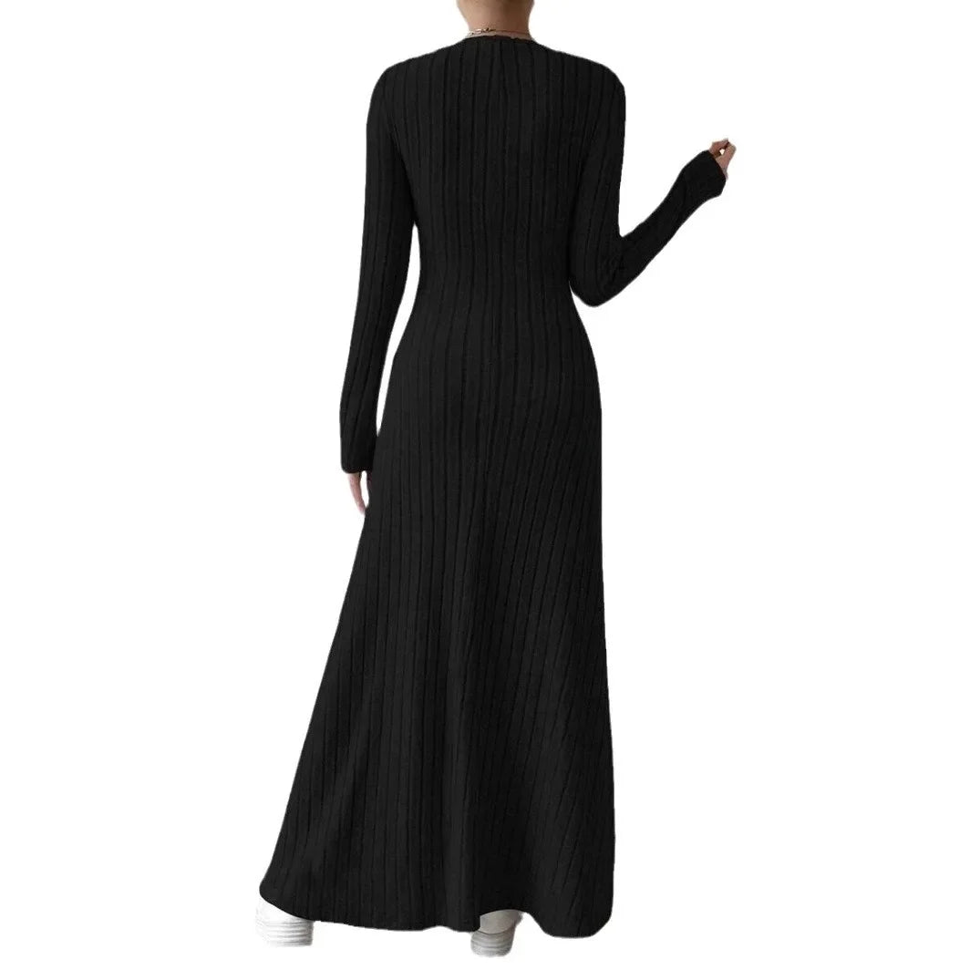 Fashionable Knitted Long Sleeve A- Line Streetwear Dress For Women Smooths And Slims Your Silhouette Solid Color Long Dress